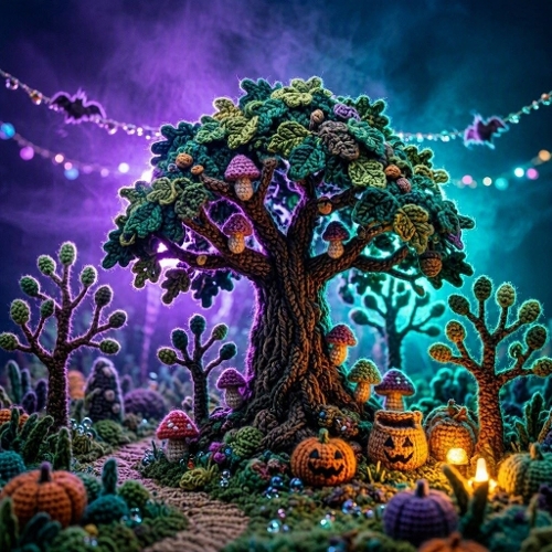 Crocheted Night Forest – 1024×1024 Watercolor‑Style Fantasy Textile Scene