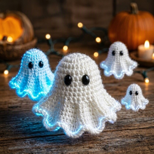 Crocheted Halloween Ghosts – 1024×1024 Watercolor‑Style Cozy Textile Scene