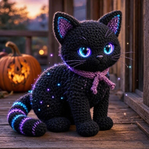 Crocheted Magic Cat – 1024×1024 Watercolor‑Style Halloween Textile Art