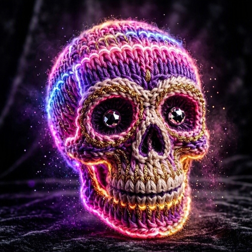 Knitted Neon Skull – 1024×1024 Watercolor‑Style Textile Art