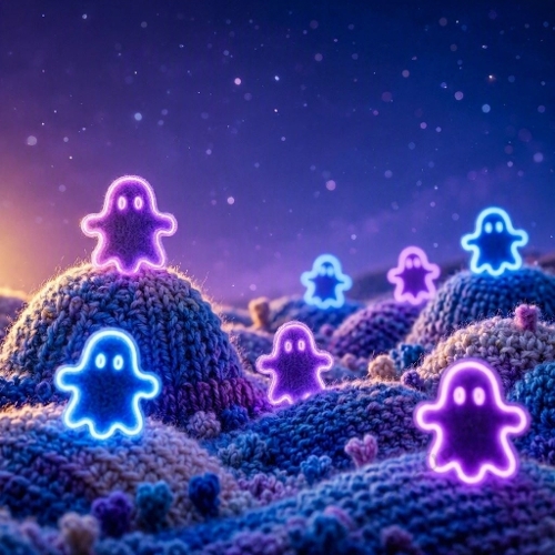 Crocheted Neon Ghost Hills – 1024×1024 Watercolor‑Style Fantasy Textile Art