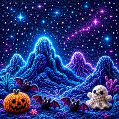 Crocheted Halloween Hills – 1024×1024 Watercolor‑Style Textile Night Scene