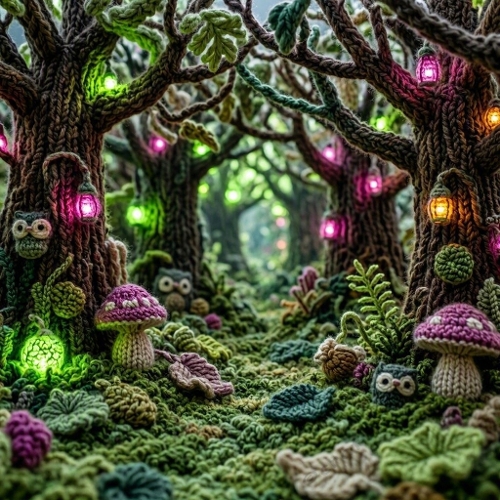 Crocheted Enchanted Forest – 1024×1024 Watercolor‑Style Textile Fantasy Scene