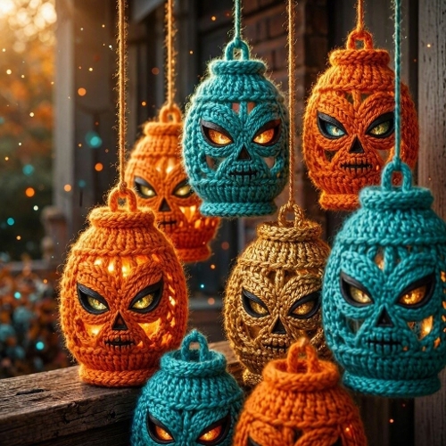 Crocheted Jack‑O‑Lantern Lanterns – 1024×1024 Watercolor‑Style Halloween Textile Art