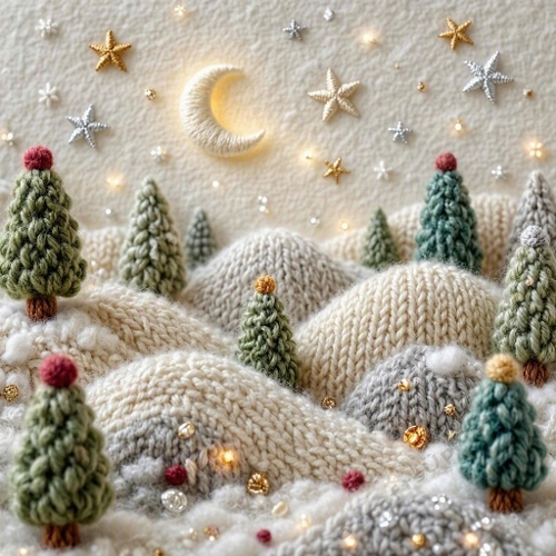 Crocheted Moonlit Winter Hills – 1024×1024 Magical Yarn Landscape Scene