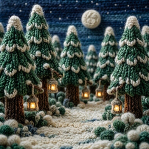 Crocheted Lantern Forest – 1024×1024 Magical Winter Night Yarn Scene
