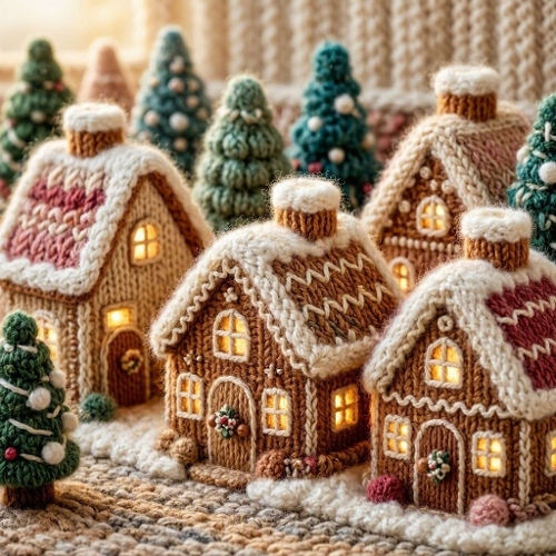 Crocheted Gingerbread Village – 1024×1024 Cozy Festive Yarn Houses Scene