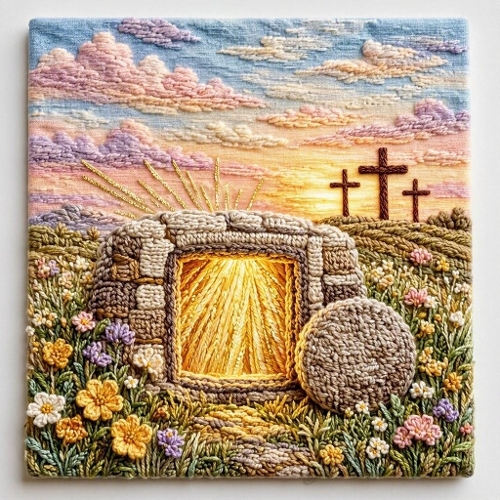 Embroidered Easter Tomb – 1024×1024 Resurrection Sunrise Textile Scene