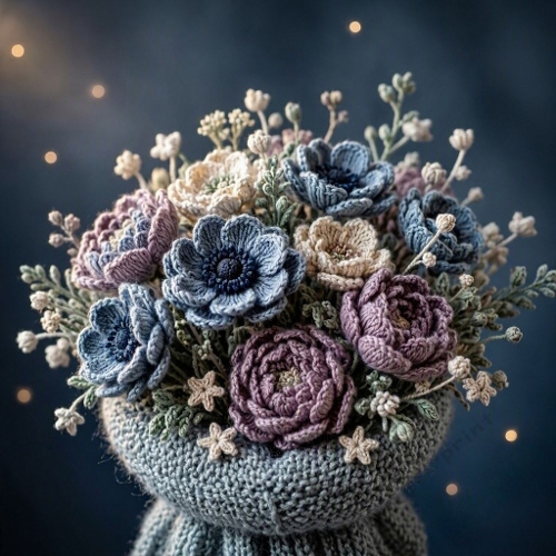 Crocheted Floral Bouquet – 1024×1024 Dusty Blue & Mauve Yarn Flower Arrangement