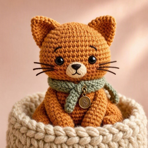 Amber‑Kitty Crochet Companion – 3D Wool Cat in Cozy Basket 