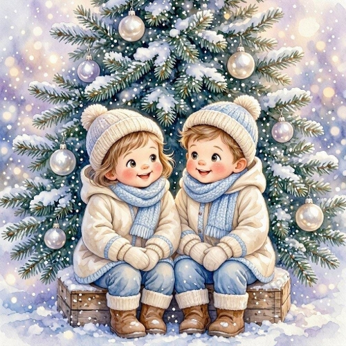 Watercolor Christmas Children – 1024×1024 Soft Winter Kids & Tree Scene