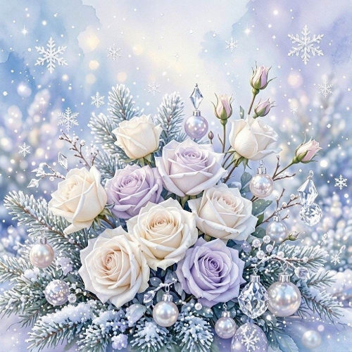 Seamless Aquarelle Frosted Winter Floral Bouquet Pattern White Lavender Roses Evergreen Branches Crystal Ornaments Snow Glow 8K Premium Design