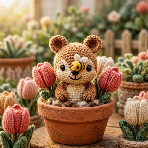 Terracotta‑Bloom Crochet Squirrel – 3D Wool Garden Friend 