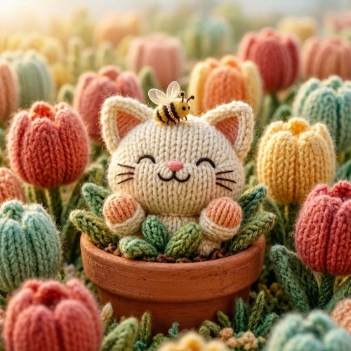 Terracotta‑Tulip Crochet Cat – 3D Wool Garden Companion 
