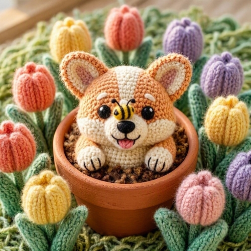 Terracotta‑Bloom Crochet Corgi – 3D Wool Spring Garden Friend 