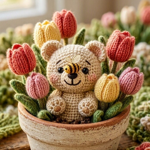 Terracotta‑Tulip Crochet Cat – 3D Wool Garden Companion 