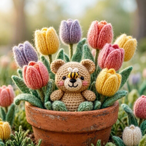 Terracotta‑Bloom Crochet Bear – 3D Wool Spring Garden Friend