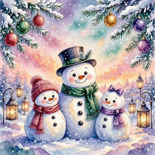 Watercolor Snowman Family – 1024×1024 Festive Winter Wonderland Scene