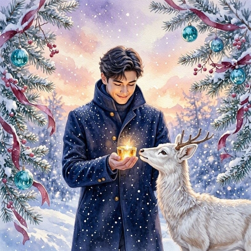  Watercolor Winter Scene – 1024×1024 Man and Arctic Fox with Glowing Candle
