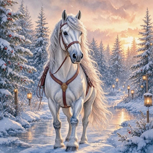Majestic White Horse in Enchanted Christmas Snowy Forest – Luxury Watercolor 