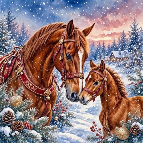 Chestnut Mare & Foal – Enchanted Christmas Twilight Watercolor 