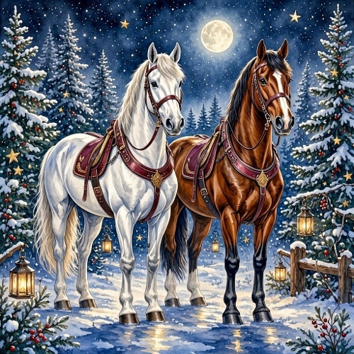 White & Chestnut Horses on Moonlit Winter Path – Luxury Christmas Watercolor 
