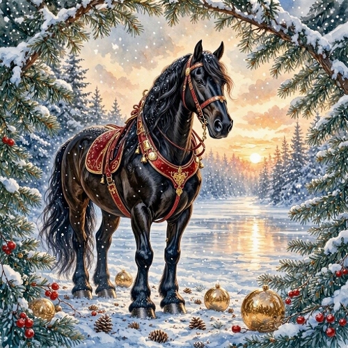 Black Christmas Horse Under Snowy Fir Arch – Luxury Winter Watercolor 