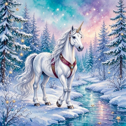Elegant White Christmas Unicorn in Enchanted Snowy Fir Forest – Luxury Fairytale Watercolor