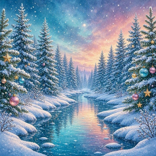 Enchanted Winter River at Christmas Twilight – Luxury Watercolor Landscape