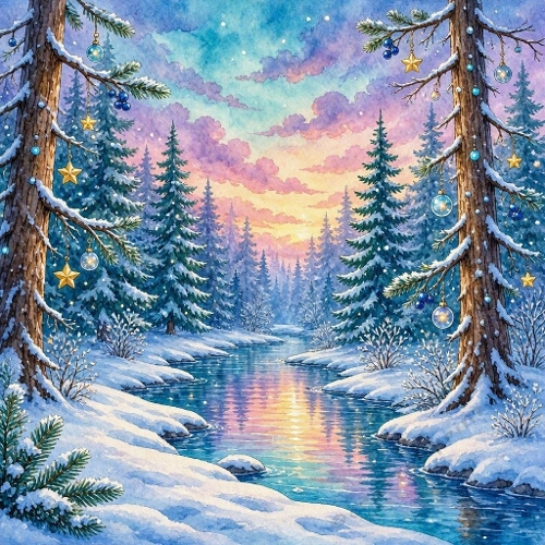 Enchanted Christmas River at Winter Twilight – Luxury Watercolor Landscape 
