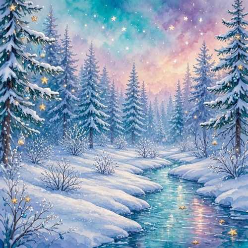 Enchanted Winter Stream at Pastel Twilight – Luxury Christmas Watercolor 