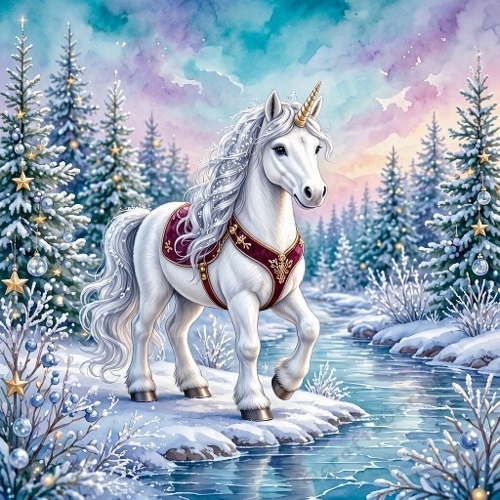 White Christmas Unicorn by Enchanted Winter Stream – Luxury Fairytale Watercolor