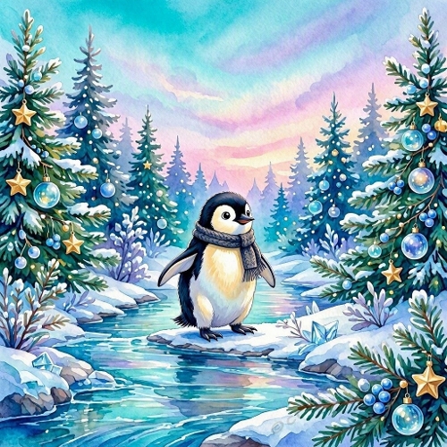 Cozy Christmas Penguin on Frozen Stream – Luxury Winter Watercolor 
