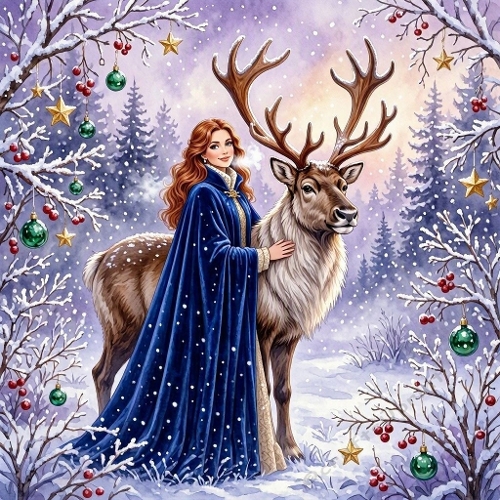 Watercolor Winter Maiden – 1024×1024 Woman in Blue Cloak with Reindeer Scene