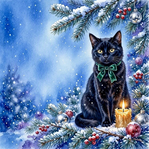 Watercolor Winter Black Cat – 1024×1024 Black Cat with Green Bow & Candle Scene