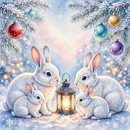 Watercolor Winter Bunny Family – 1024×1024 White Rabbits & Lantern Scene