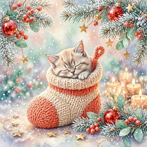 Watercolor Christmas Kitten – 1024×1024 Sleeping Kitten in Knit Stocking Scene