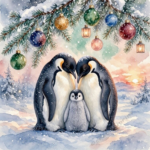 Watercolor Winter Penguin Family – 1024×1024 Emperor Penguins & Chick Scene