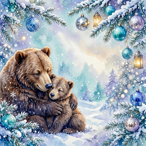 Watercolor Winter Bears – 1024×1024 Mother Bear & Cub Hug Scene