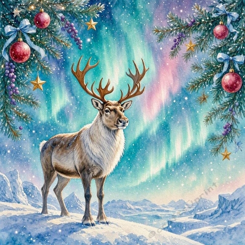 Watercolor Winter Reindeer – 1024×1024 Reindeer under Aurora Borealis Scene