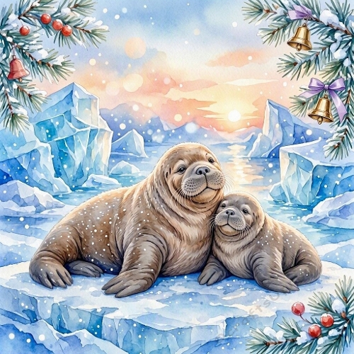 Watercolor Winter Seals – 1024×1024 Mother Seal & Pup on Ice Floe Scene