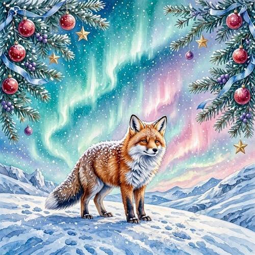Watercolor Winter Fox – 1024×1024 Red Fox under Northern Lights Scene