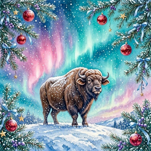 Watercolor Winter Bison – 1024×1024 Bison under Northern Lights Scene