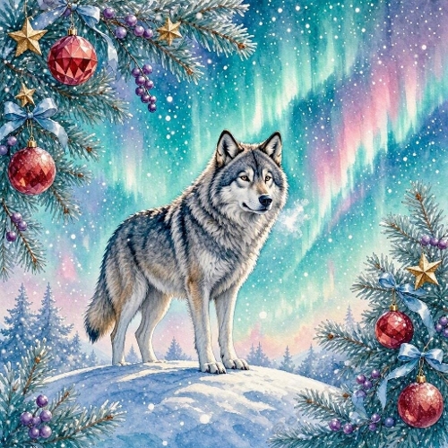 Watercolor Winter Wolf – 1024×1024 Grey Wolf under Northern Lights Scene