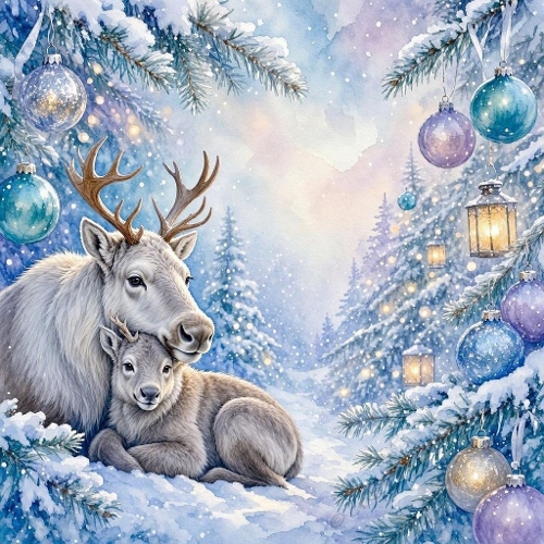 Watercolor Winter Reindeer – 1024×1024 Mother Reindeer & Fawn Scene