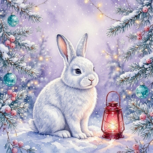 Watercolor Winter Bunny – 1024×1024 White Rabbit & Red Lantern Scene