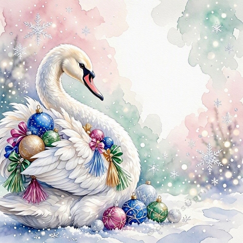 Watercolor Winter Swan – 1024×1024 Graceful White Swan & Christmas Ornaments Scene