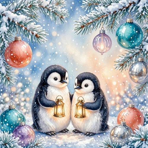 Watercolor Winter Penguins – 1024×1024 Cute Baby Penguins & Lanterns Scene