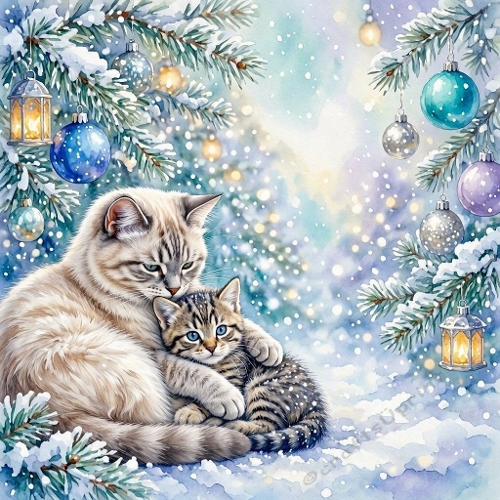 Watercolor Winter Cats – 1024×1024 Mother Cat & Kitten Hug Scene