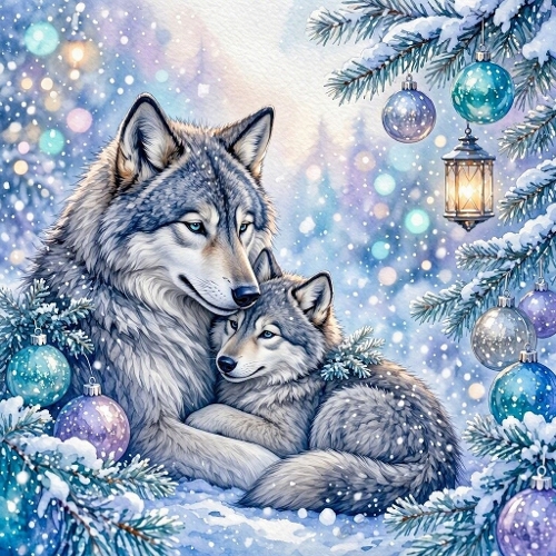 Watercolor Winter Wolves – 1024×1024 Mother Wolf & Cub Hug Scene